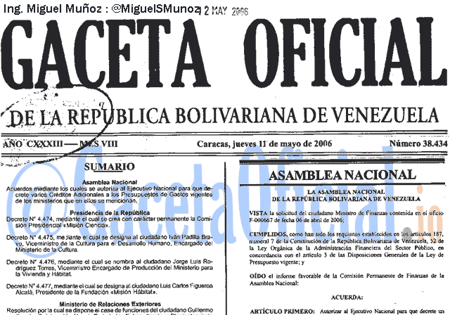 Gaceta Oficial 38434 del 11 Mayo 2006