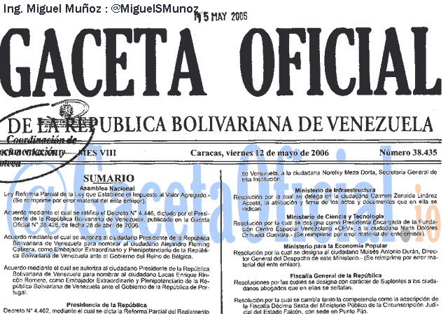 Gaceta Oficial 38435 del 12 Mayo 2006