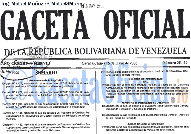 Gaceta Oficial 38436 del 15 Mayo 2006