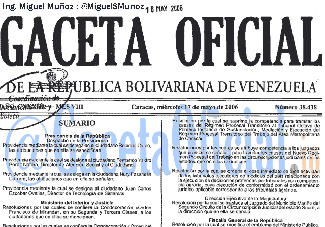 Gaceta Oficial 38438 del 17 Mayo 2006