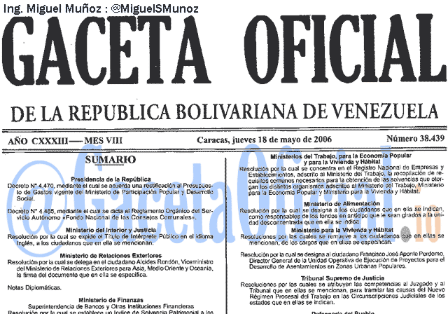 Gaceta Oficial 38439 del 18 Mayo 2006