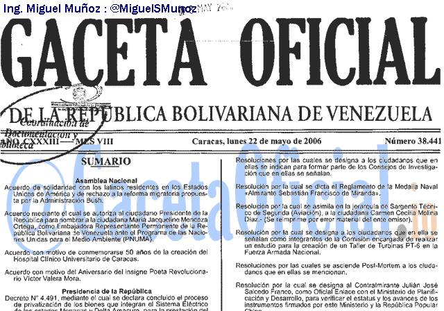 Gaceta Oficial 38441 del 22 Mayo 2006