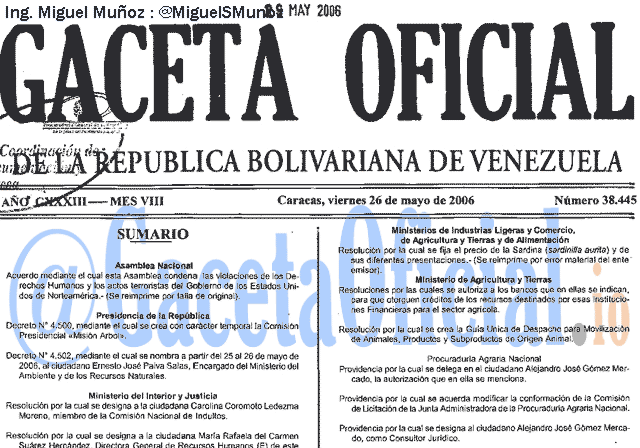Gaceta Oficial 38445 del 26 Mayo 2006