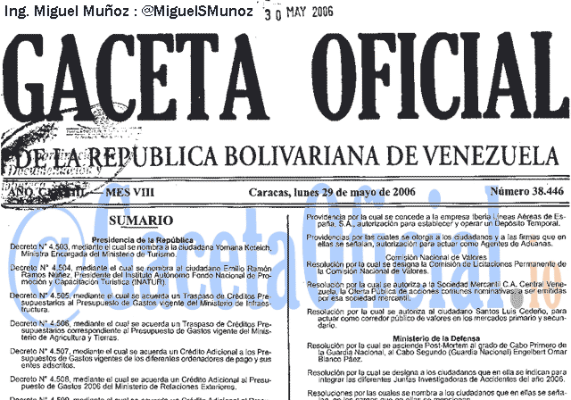 Gaceta Oficial 38446 del 29 Mayo 2006