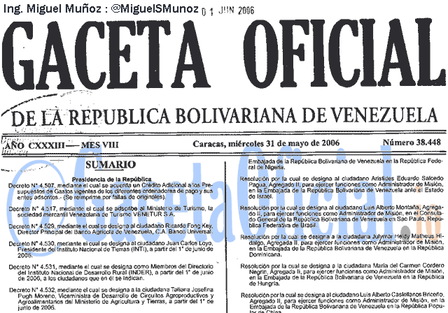 Gaceta Oficial 38448 del 31 Mayo 2006