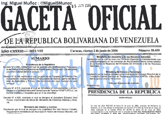 Gaceta Oficial 38450 del 2 Junio 2006