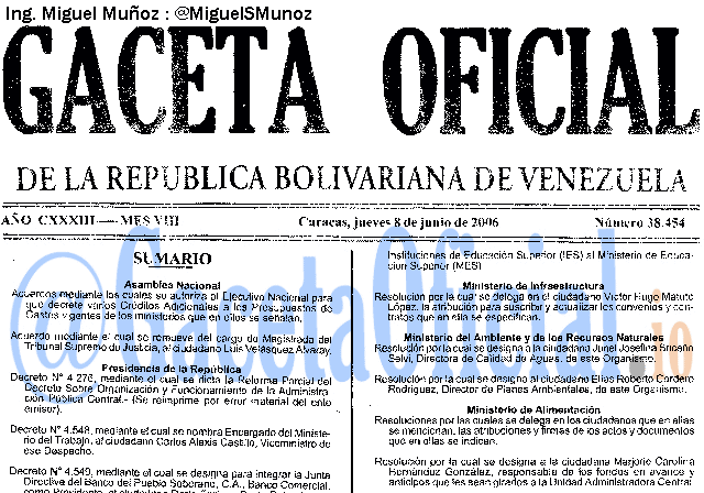 Gaceta Oficial 38454 del 8 Junio 2006