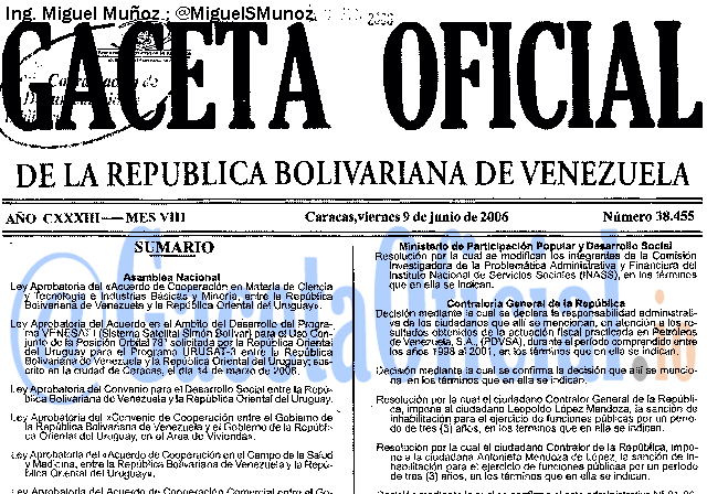 Gaceta Oficial 38455 del 9 Junio 2006