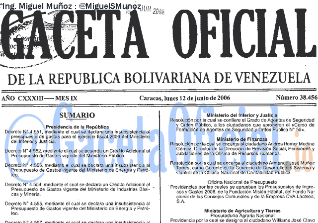 Gaceta Oficial 38456 del 12 Junio 2006