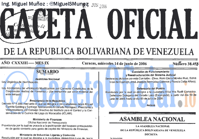 Gaceta Oficial 38458 del 14 Junio 2006