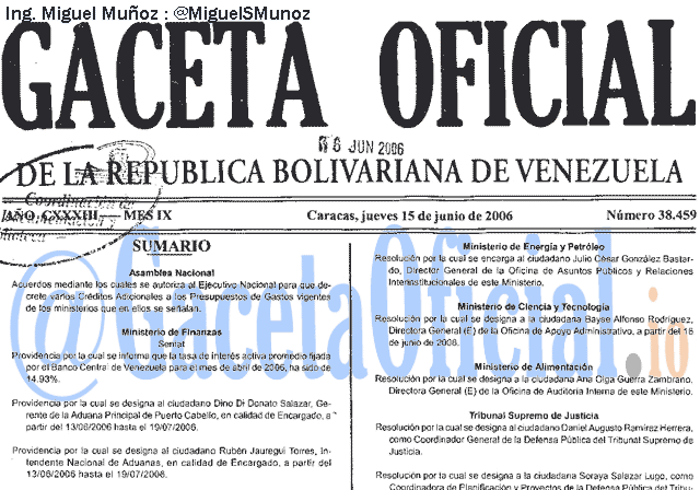 Gaceta Oficial 38459 del 15 Junio 2006
