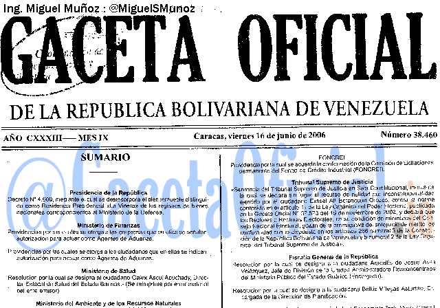 Gaceta Oficial 38460 del 16 Junio 2006
