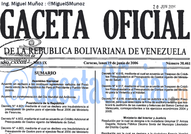 Gaceta Oficial 38461 del 19 Junio 2006