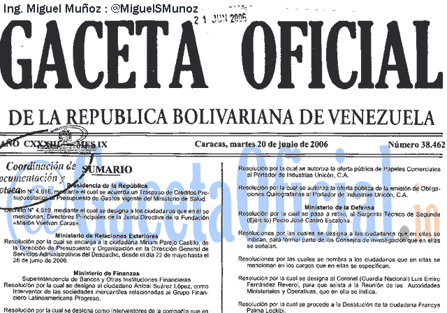 Gaceta Oficial 38462 del 20 Junio 2006