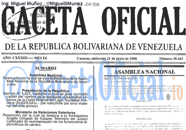 Gaceta Oficial 38463 del 21 Junio 2006