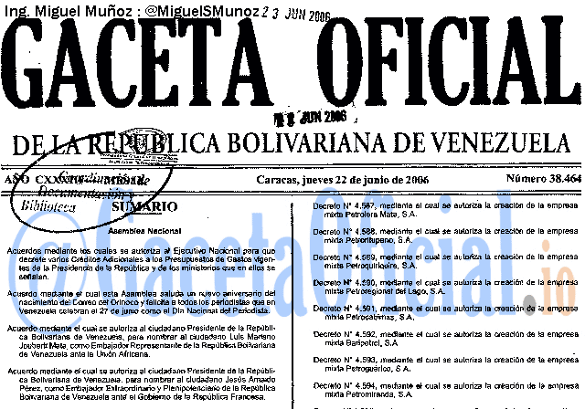Gaceta Oficial 38464 del 22 Junio 2006