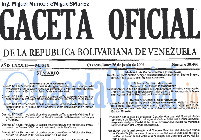 Gaceta Oficial 38466 del 26 Junio 2006