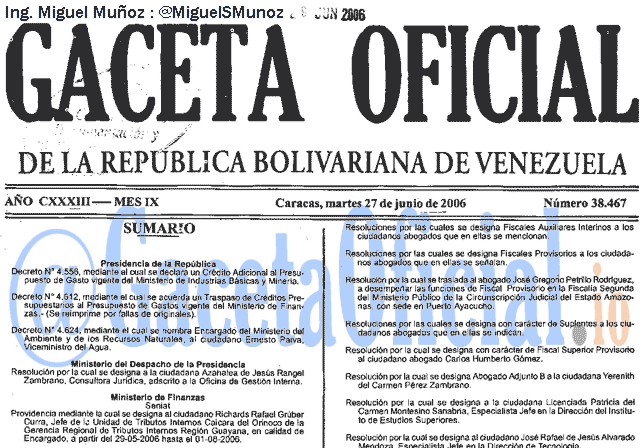 Gaceta Oficial 38467 del 27 Junio 2006