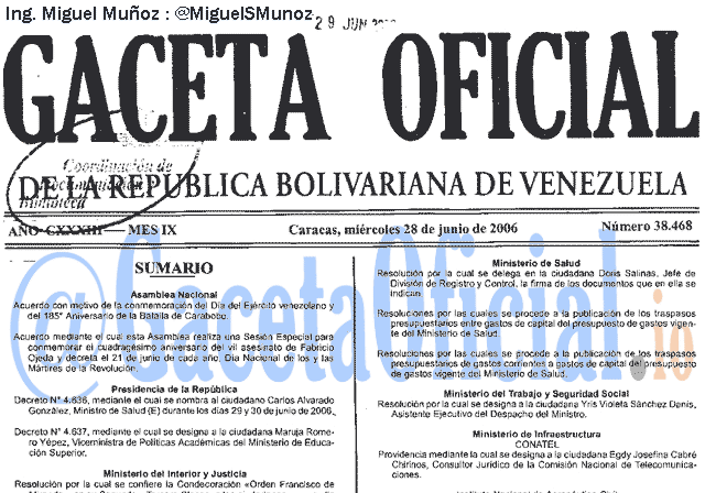 Gaceta Oficial 38468 del 28 Junio 2006