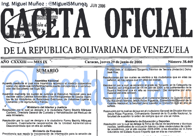 Gaceta Oficial 38469 del 29 Junio 2006