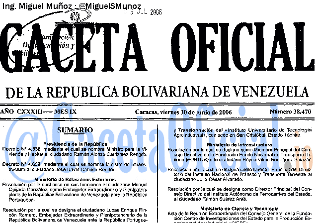 Gaceta Oficial 38470 del 30 Junio 2006
