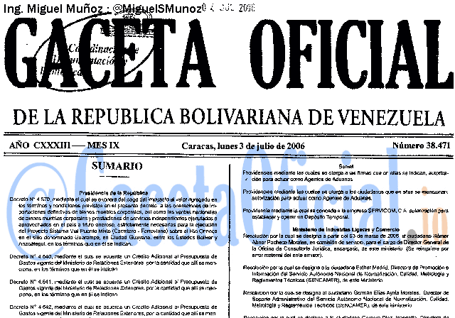 Gaceta Oficial 38471 del 3 Julio 2006