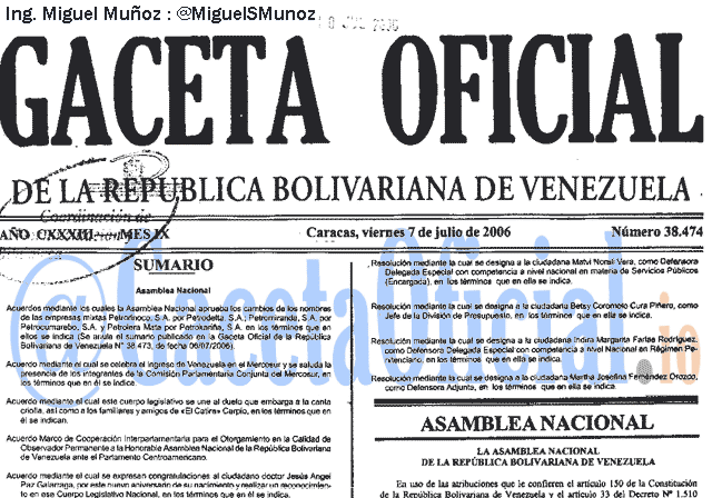 Gaceta Oficial 38474 del 7 Julio 2006