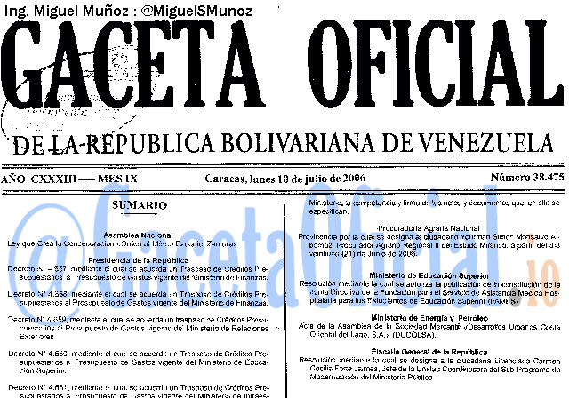 Gaceta Oficial 38475 del 10 Julio 2006
