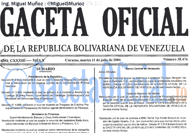 Gaceta Oficial 38476 del 11 Julio 2006