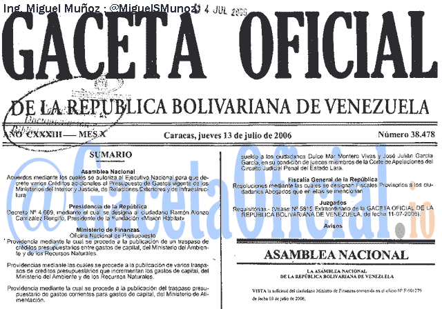 Gaceta Oficial 38478 del 13 Julio 2006