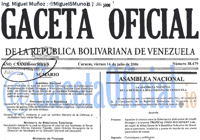 Gaceta Oficial 38479 del 14 Julio 2006
