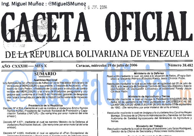 Gaceta Oficial 38482 del 19 Julio 2006