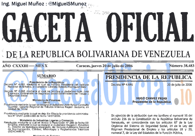 Gaceta Oficial 38483 del 20 Julio 2006