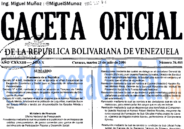 Gaceta Oficial 38485 del 25 Julio 2006