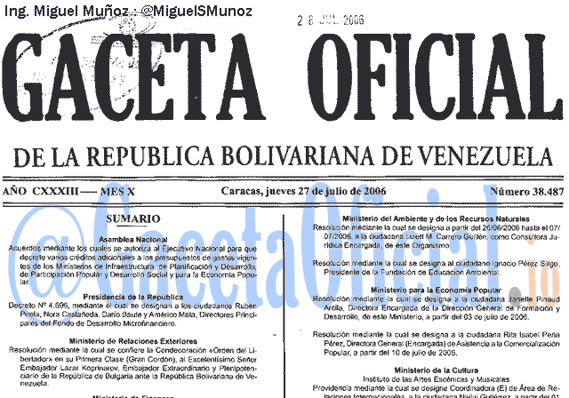 Gaceta Oficial 38487 del 27 Julio 2006