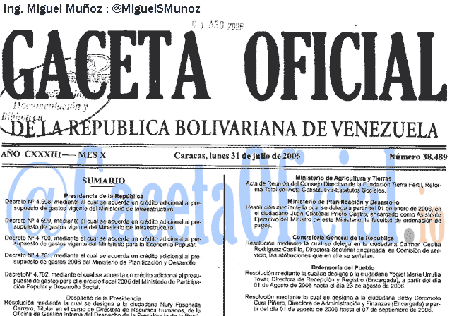 Gaceta Oficial 38489 del 31 Julio 2006