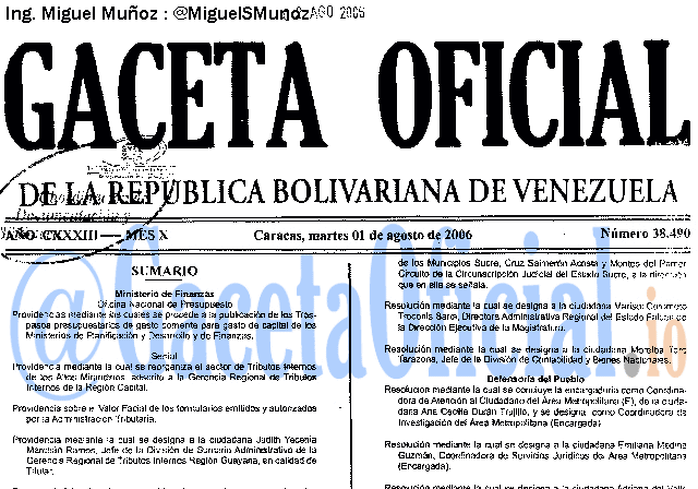 Gaceta Oficial 38490 del 1 Agosto 2006