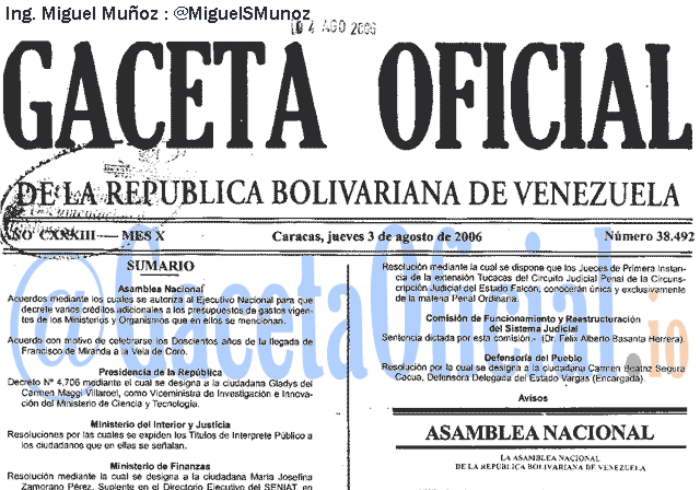 Gaceta Oficial 38492 del 3 Agosto 2006