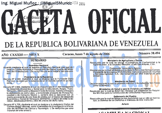Gaceta Oficial 38494 del 7 Agosto 2006