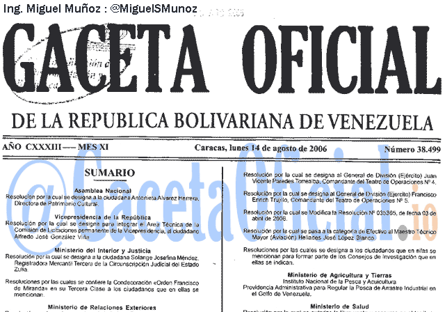 Gaceta Oficial 38499 del 14 Agosto 2006