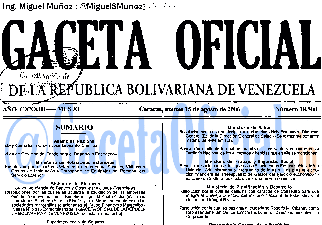 Gaceta Oficial 38500 del 15 Agosto 2006