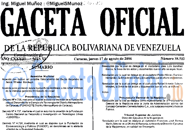 Gaceta Oficial 38502 del 17 Agosto 2006