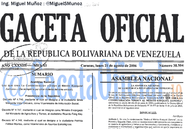 Gaceta Oficial 38504 del 21 Agosto 2006