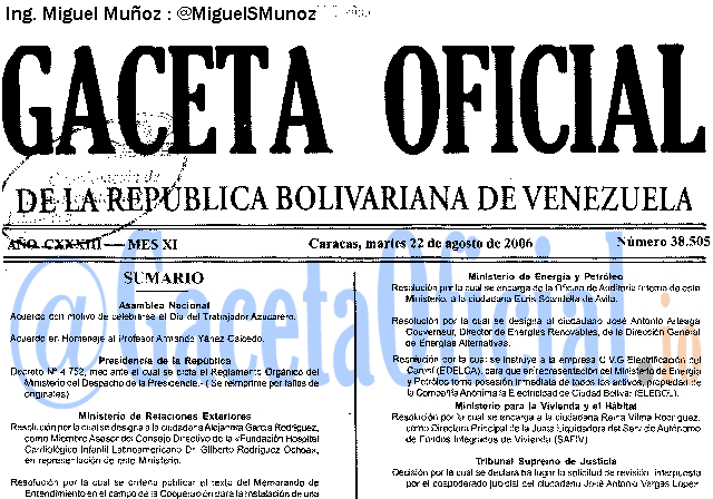 Gaceta Oficial 38505 del 22 Agosto 2006