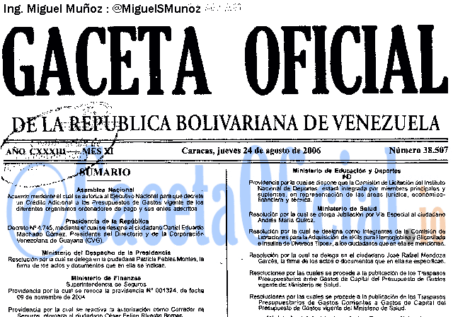Gaceta Oficial 38507 del 24 Agosto 2006