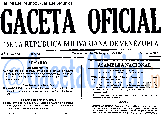 Gaceta Oficial 38510 del 29 Agosto 2006