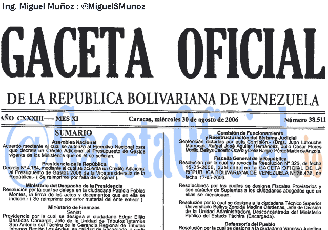 Gaceta Oficial 38511 del 30 Agosto 2006