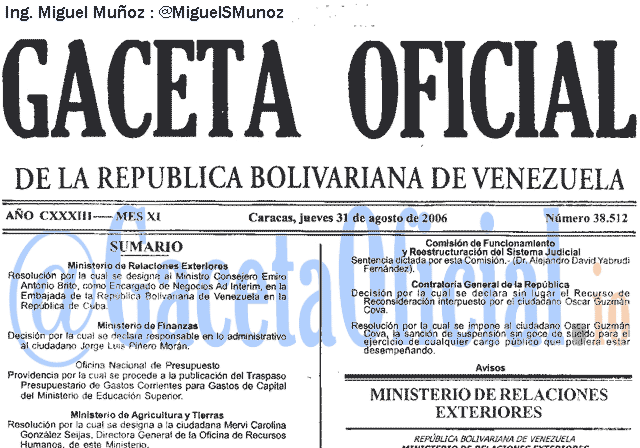 Gaceta Oficial 38512 del 31 Agosto 2006
