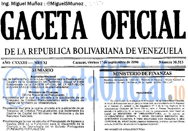 Gaceta Oficial 38513 del 1 Septiembre 2006