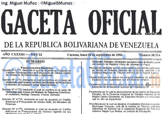 Gaceta Oficial 38514 del 4 Septiembre 2006